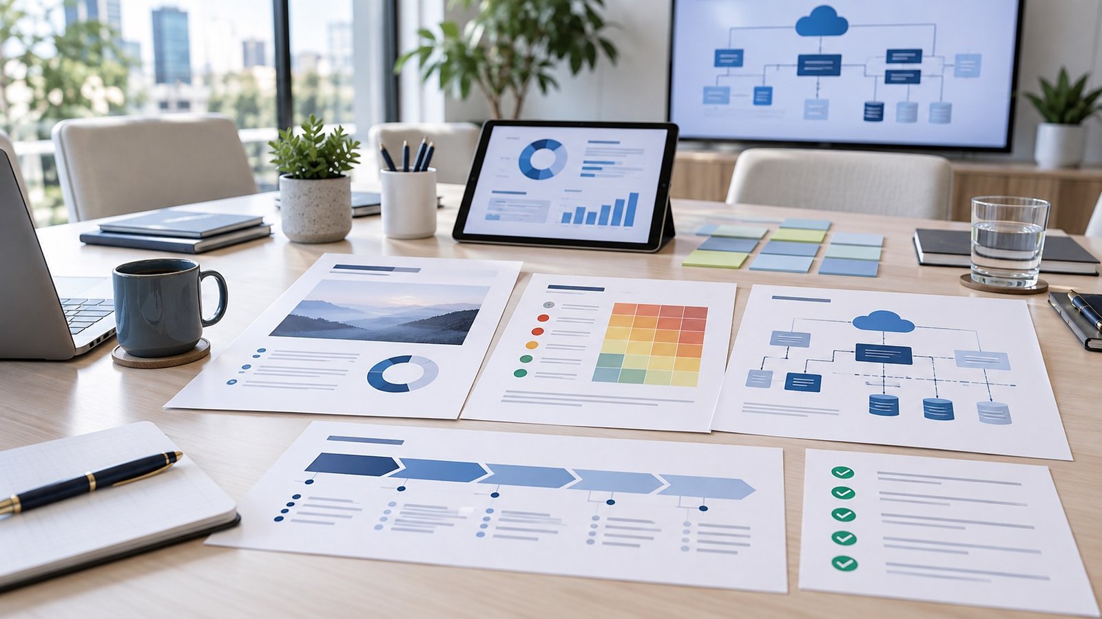 Architecture review deliverables arranged on a meeting table, including abstract reports, roadmaps, risk views, and diagrams.