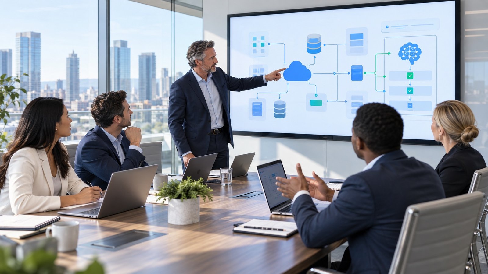 Senior consultants and client stakeholders reviewing a secure CRM, integration, and AI architecture in a modern meeting room.