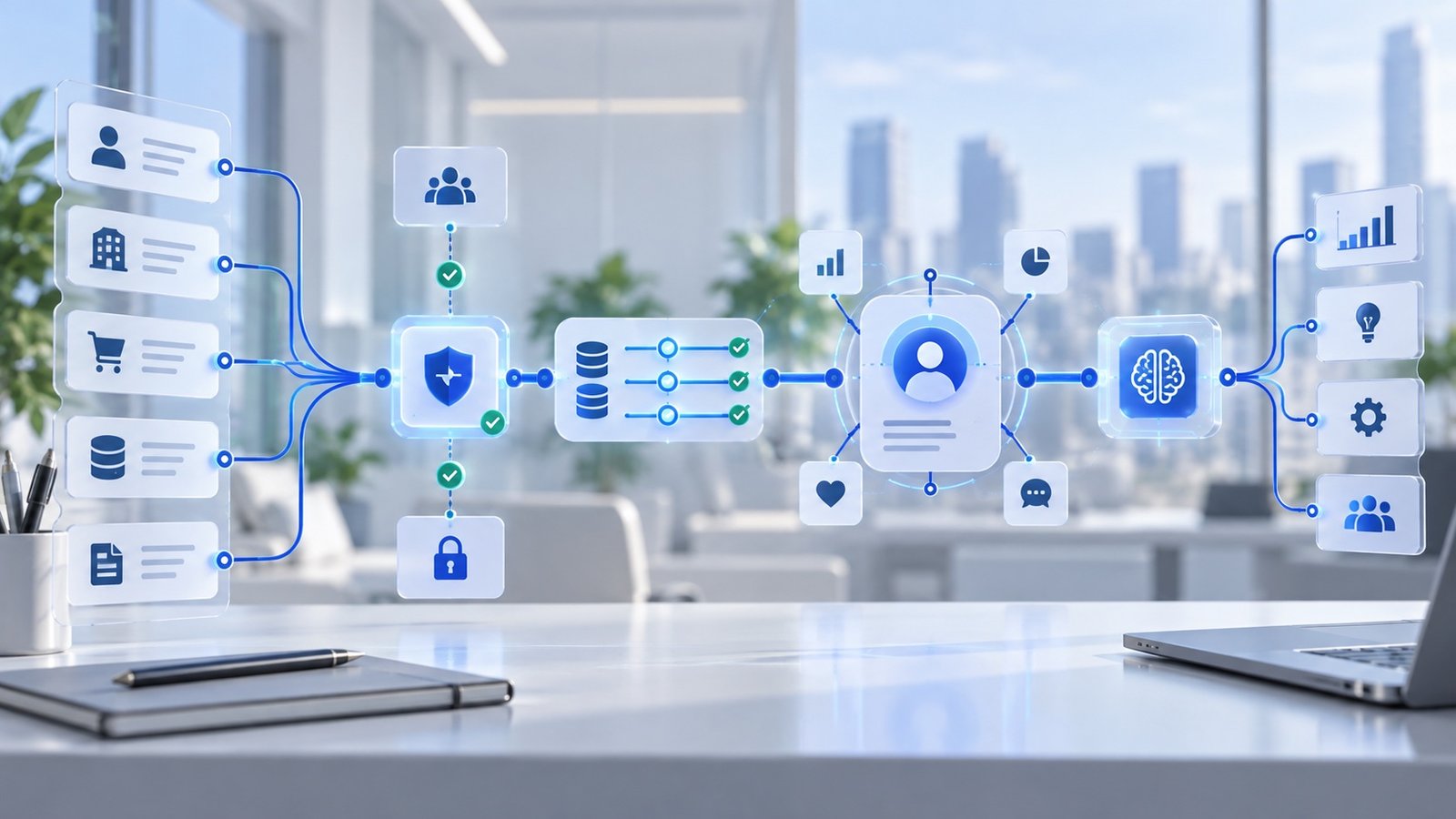 A generic architecture workflow connecting CRM records, secure integration, data validation, unified profiles, and AI applications.