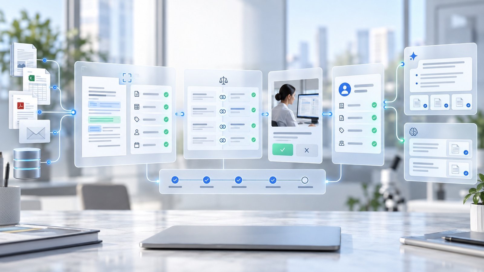 A visual workflow showing source documents, validation checks, reconciliation, human review, and AI outputs with citations.